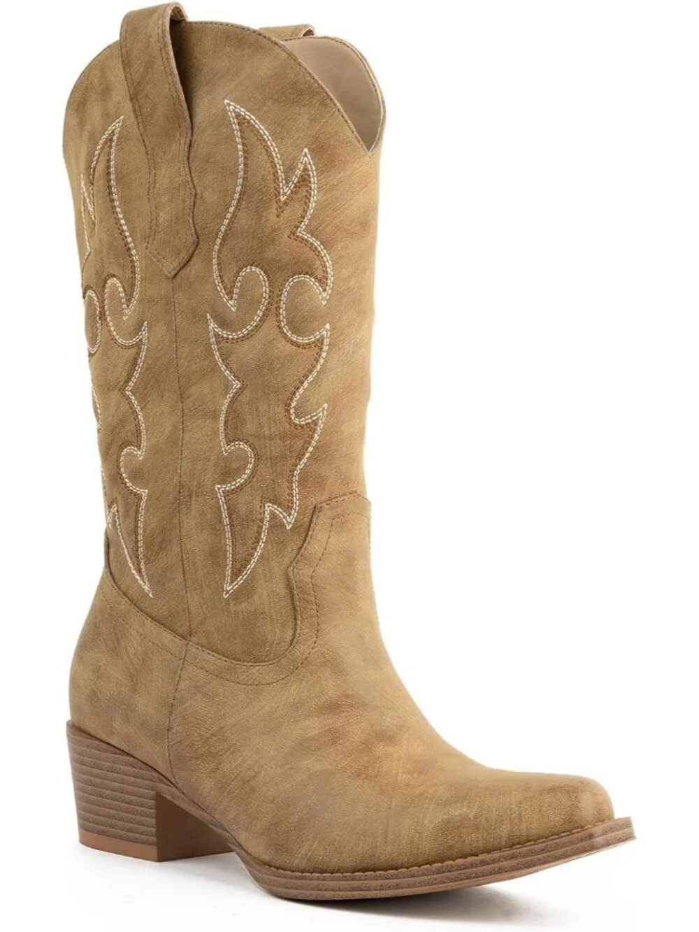 Women's Camel Cowboy Boots, Mid Calf Western Pull On Cowgirl Boots - Picture 1 of 7